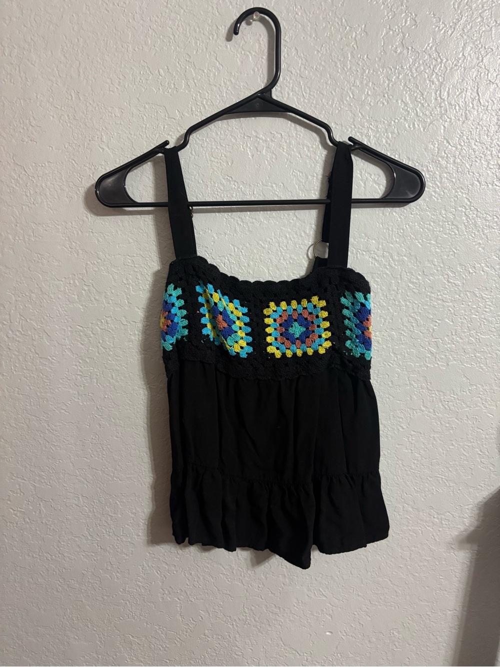 SO Black Crochet Top with Multicolor Crochet Accents